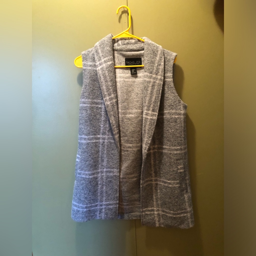 Rachel Zoe Gray Plaid Sleeveless Open-Front Knit Vest